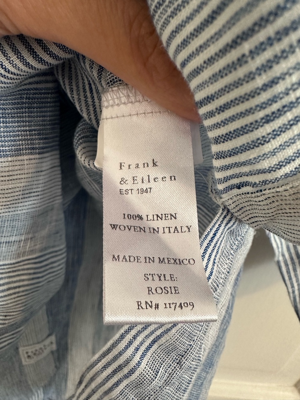 Frank & Eileen Rosie Short Sleeve Button Up Shirt Linen Blue White Stripe Medium - Picture 7 of 9